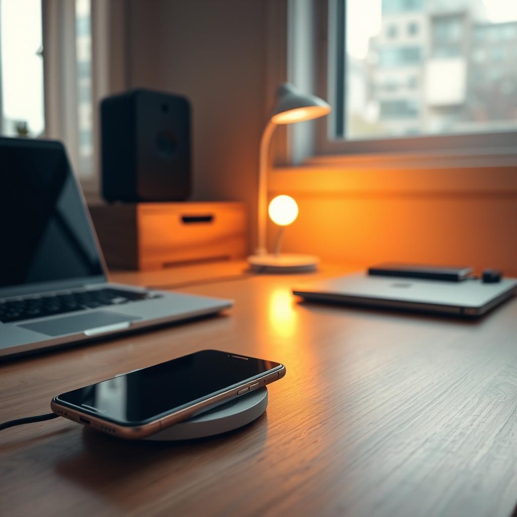 A tranquil workspace, bathed in warm, diffused lighting, with a collection of electronic devices arranged neatly on a wooden desk. In the foreground, a smartphone rests on a wireless charging pad, its screen dimmed, symbolizing reduced digital exposure. Alongside it, a laptop is closed, its power cord unplugged, conveying a digital detox. In the middle ground, a sleek, minimal desk lamp casts a soft, amber glow, creating a soothing atmosphere. The background features a large window, allowing natural light to filter in, complementing the low-frequency, low-intensity lighting. The scene exudes a sense of calm and balance, inviting the viewer to disconnect from the constant digital stimulation and embrace a more mindful, low-frequency lifestyle.