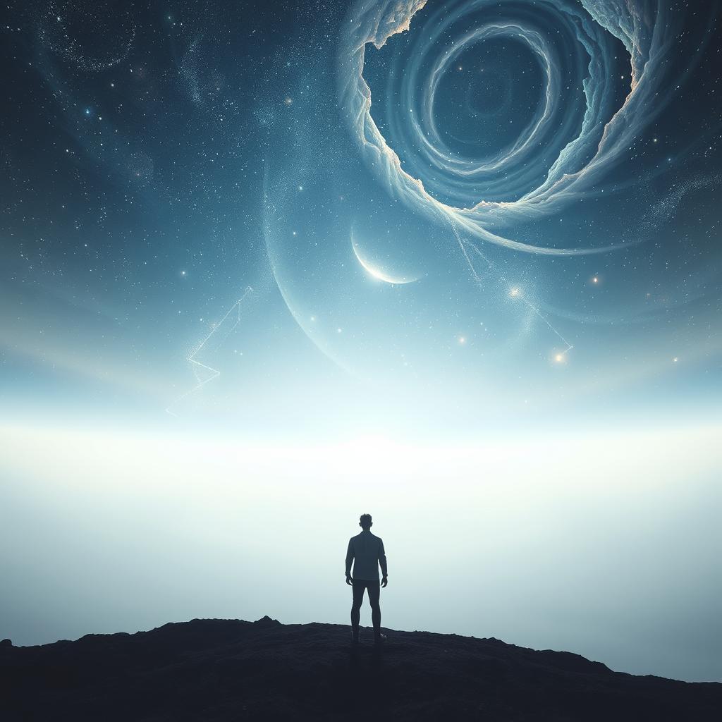 A vast cosmic expanse, bathed in ethereal light, stretches endlessly before the viewer. In the foreground, a lone figure stands, their gaze transfixed on the infinite horizon, conveying a sense of profound contemplation and a longing for eternal understanding. The middle ground is a tapestry of celestial bodies, their luminous forms dancing amidst swirling clouds of stardust. The background fades into a boundless void, hinting at the mysteries and complexities of the universe that lie beyond human comprehension. The scene is lit by a soft, diffused illumination, creating an atmosphere of serene contemplation and spiritual awakening. Captured through the lens of a wide-angle camera, the image exudes a sense of grandeur and perspective, inviting the viewer to ponder the eternal and the divine.