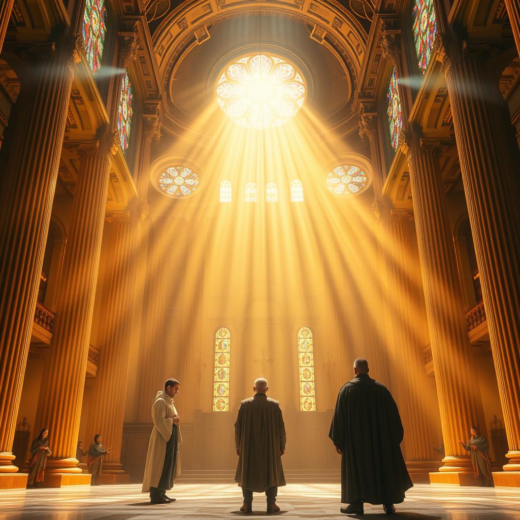 A vast, majestic hall bathed in golden light, its towering columns and ornate archways exuding an aura of divine authority. At the center, a figure of unparalleled grace and wisdom, their countenance radiating an impartial, unwavering justice. Rays of celestial illumination pour through stained glass windows, casting a kaleidoscope of colors upon the scene. In the foreground, two individuals, one humble and penitent, the other arrogant and self-assured, stand before the magnificent presence, their fates to be determined by the impartial, all-seeing gaze. The atmosphere is one of reverence and trepidation, as all await the verdict of this eternal, all-encompassing arbiter of righteousness.