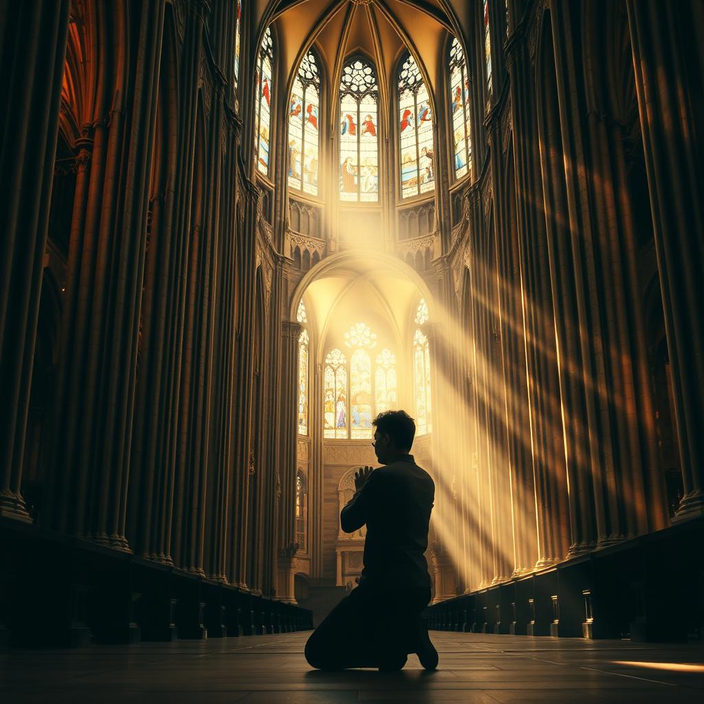 A vast, ornate cathedral interior bathed in warm, golden light. In the foreground, a lone figure kneels in prayer, their hands clasped, face uplifted. Stained glass windows depicting biblical scenes cast colorful patterns across the scene. Towering stone columns and intricate archways recede into the shadowy depths of the sanctuary, evoking a sense of sacred power and divine presence. The air is thick with a palpable atmosphere of reverence and spiritual intensity, as the solitary worshipper engages in fervent supplication, a visual embodiment of the power of prayer in spiritual warfare.