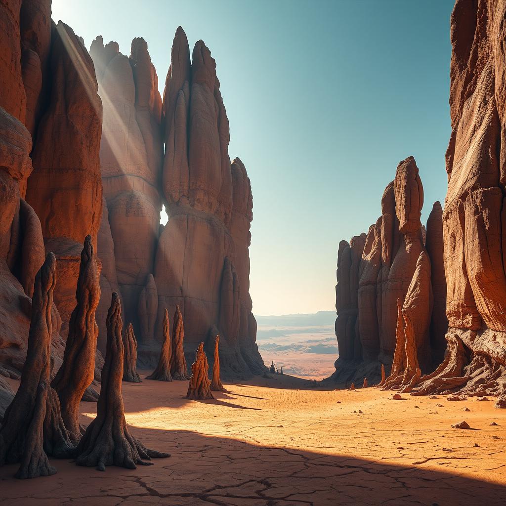 A vast, otherworldly landscape where towering rock formations defy gravity, carved by the relentless forces of nature over eons. Sunlight streams through gaps in the jagged spires, casting dramatic shadows that accentuate their intricate textures and alien shapes. In the foreground, strange, twisted columns rise from a dried, cracked earth, their surfaces weathered and pitted by wind and sand. The middle ground is dominated by massive, irregular monoliths, their surfaces a mosaic of vibrant hues - ochre, rust, and charcoal - as if painted by the very elements that shaped them. The distant background fades into a hazy, dreamlike horizon, further emphasizing the sense of timelessness and mystery that permeates this unearthly scene.