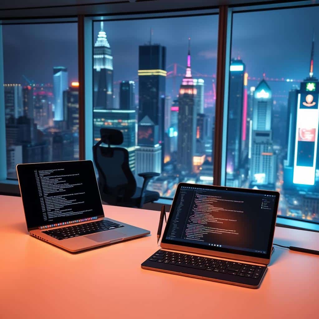 A vibrant and dynamic coding workspace. In the foreground, a desk with a sleek, futuristic laptop, its screen displaying lines of code. Beside it, a high-resolution tablet with a stylus, open to a sophisticated UI design software. The middle ground features an ergonomic, adjustable desk chair and a state-of-the-art mechanical keyboard, illuminated by warm, ambient lighting. In the background, floor-to-ceiling windows offer a panoramic view of a bustling cityscape, the glow of skyscrapers and neon signs creating a moody, electrifying atmosphere. The space is clean, minimalist, and infused with a sense of technological innovation and creative potential.