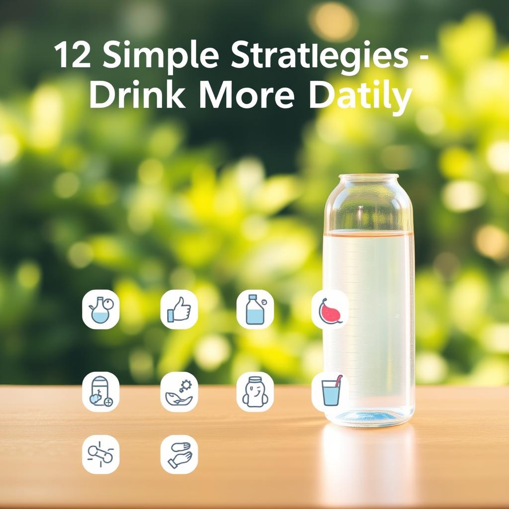 A vibrant and minimalist illustration depicting "12 Simple Strategies to Drink More Water Daily". In the foreground, a grid of twelve simple water-drinking icons arranged in a clean grid layout, each icon representing a practical hydration tip, such as carrying a reusable water bottle, setting hydration reminders, or adding fruit slices to water. The middle ground features a serene, soft-focused backdrop of lush greenery, conveying a sense of freshness and wellness. The lighting is natural and warm, creating a calming, inviting atmosphere. The composition is balanced, with ample negative space to allow the icons and imagery to shine. The overall aesthetic is modern, approachable, and visually engaging, inspiring the viewer to adopt healthier hydration habits.