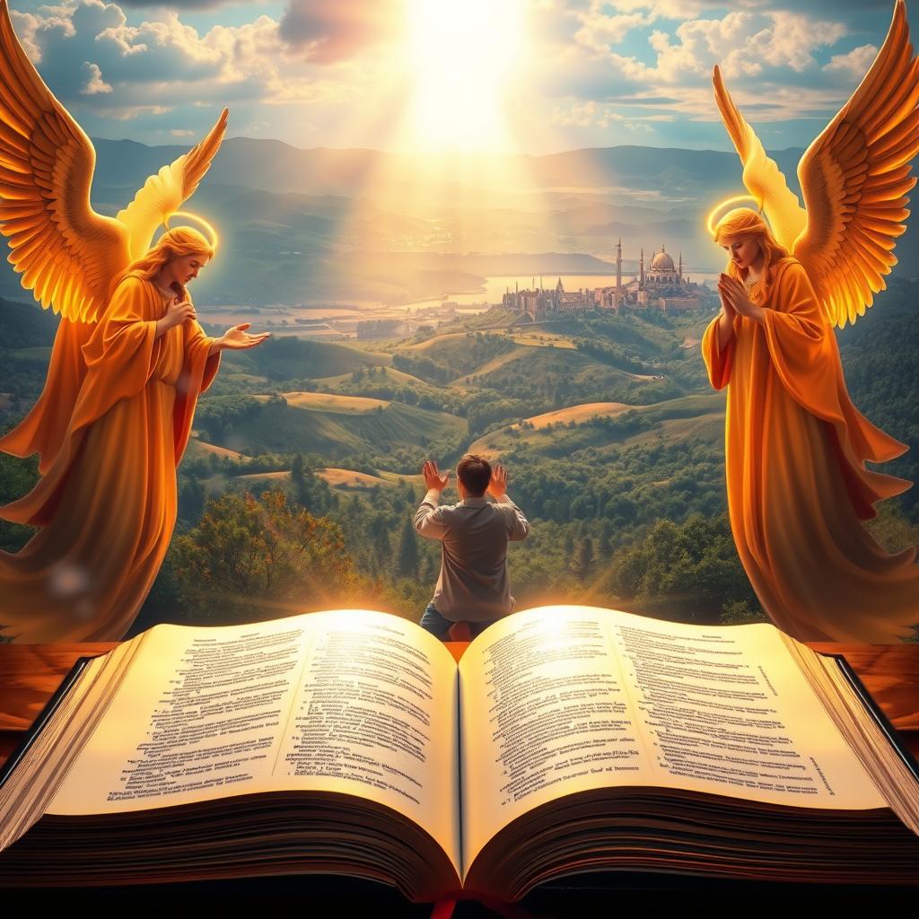 A vibrant biblical landscape, bathed in warm, ethereal light. In the foreground, an open Bible glows with divine radiance, its pages filled with the timeless words of God's guidance. Surrounding it, angelic figures in flowing robes and halos of light, their expressions serene and welcoming. In the middle ground, a lone figure kneels in prayer, their hands outstretched, seeking solace and protection from the heavenly realm. The background is a panoramic vista of rolling hills, lush forests, and a distant city upon a hill, symbolizing the promise of refuge and redemption. The overall mood is one of spiritual uplift, inviting the viewer to find solace and strength in the power of God's word.