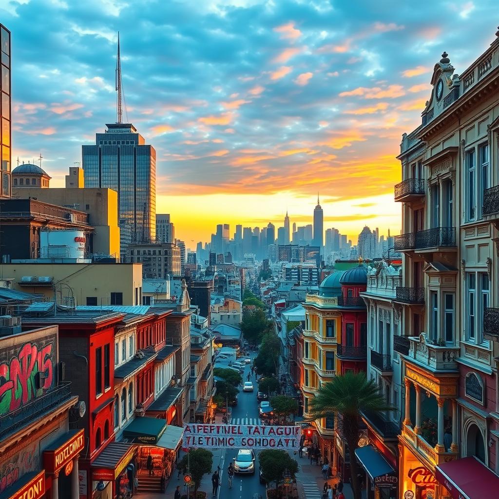 A vibrant cityscape bathed in a kaleidoscope of colors, where towering skyscrapers and historic architecture coexist in harmonious contrast. In the foreground, bustling streets teeming with life, neon-lit storefronts, and vibrant street art adorning the walls. The middle ground showcases ornate, brightly-painted buildings, their facades reflecting the warm glow of the setting sun. In the distance, a breathtaking skyline of modern high-rises and iconic landmarks, their silhouettes standing out against a lush, gradient sky. The scene exudes a sense of energy, diversity, and a celebration of urban vitality, inviting the viewer to explore the rich, multifaceted nature of the world's most captivating cities.