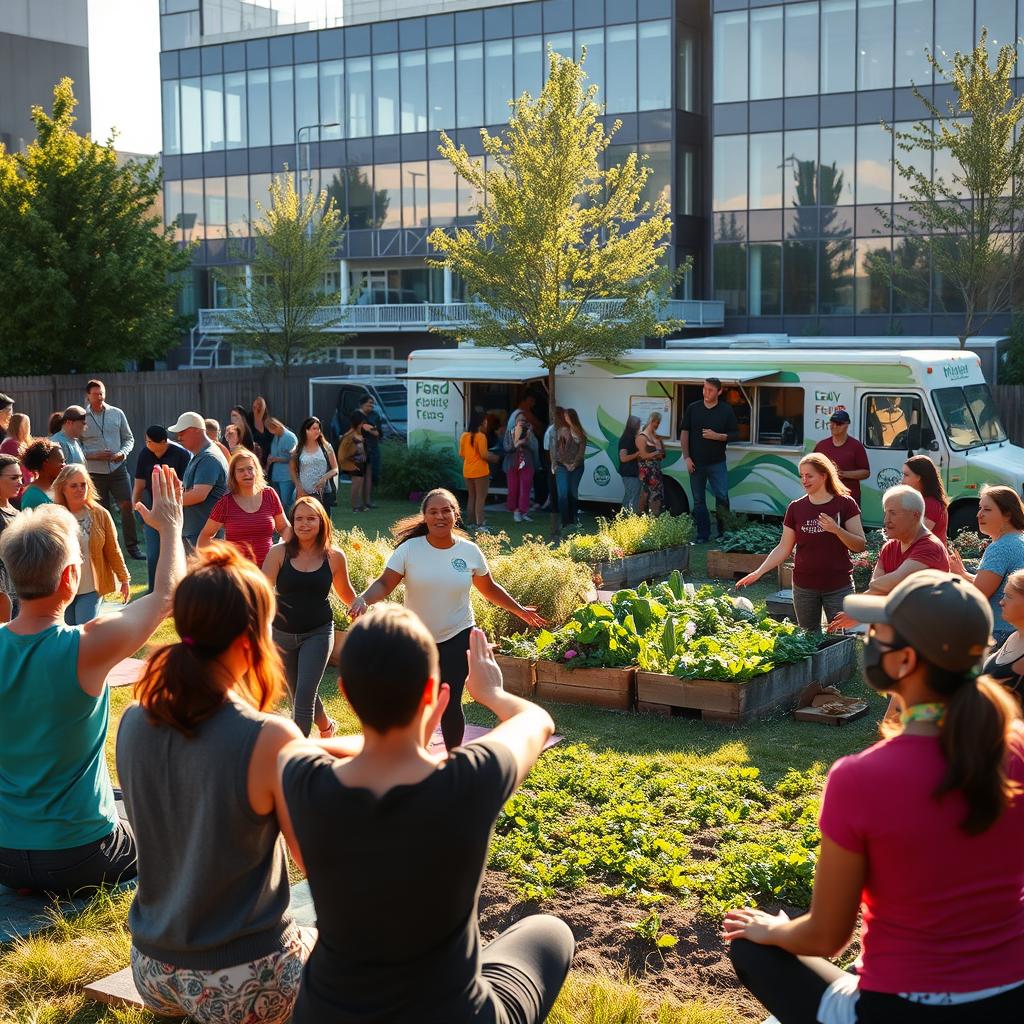 A vibrant community gathering, with people of diverse backgrounds engaged in various health-focused activities. In the foreground, a group of neighbors participate in a yoga class led by an experienced instructor, the warm sunlight casting a serene glow. In the middle ground, a vegetable garden thrives, tended by enthusiastic volunteers, while a food truck offering healthy meals is parked nearby. In the background, a modern community center stands, its glass facade reflecting the bustling energy of the scene. The overall atmosphere exudes a sense of togetherness, wellness, and a shared commitment to living healthier lives in an increasingly digital world.