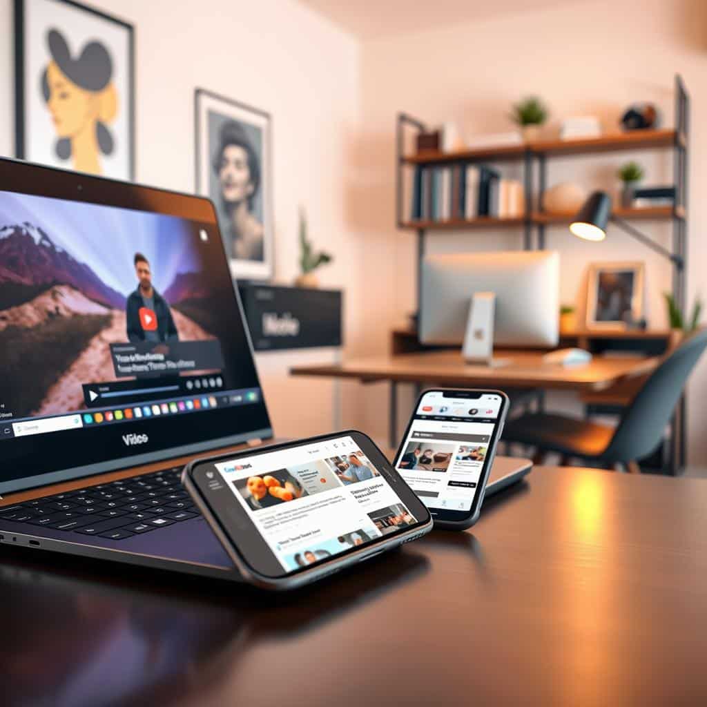 A vibrant digital landscape showcasing the monetization of online content. In the foreground, a sleek laptop displays a video platform, its screen filled with dynamic advertisements. In the middle ground, a smartphone rests on a stylish desk, its screen reflecting a blog page with strategically placed banner ads. The background features a modern home office, its walls adorned with inspirational artwork and shelves brimming with marketing resources. Soft, warm lighting casts a professional, productive atmosphere, highlighting the potential for creators to earn income through intelligent content monetization strategies.
