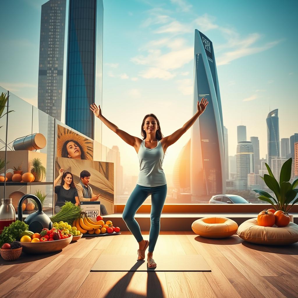 A vibrant, dynamic scene depicting a "personal health revolution". In the foreground, a person stands in a yoga pose, radiating energy and vitality. The middle ground features a collage of healthy lifestyle elements - fresh produce, workout equipment, meditation cushions. In the background, a sleek, futuristic cityscape with towering buildings and glowing skylines suggests the urban landscape of 2026. Warm, natural lighting casts an inviting glow, and the composition is framed at a dynamic, slightly elevated angle to convey a sense of aspiration and progress. The overall mood is one of empowerment, balance, and the fusion of technology with holistic wellness.
