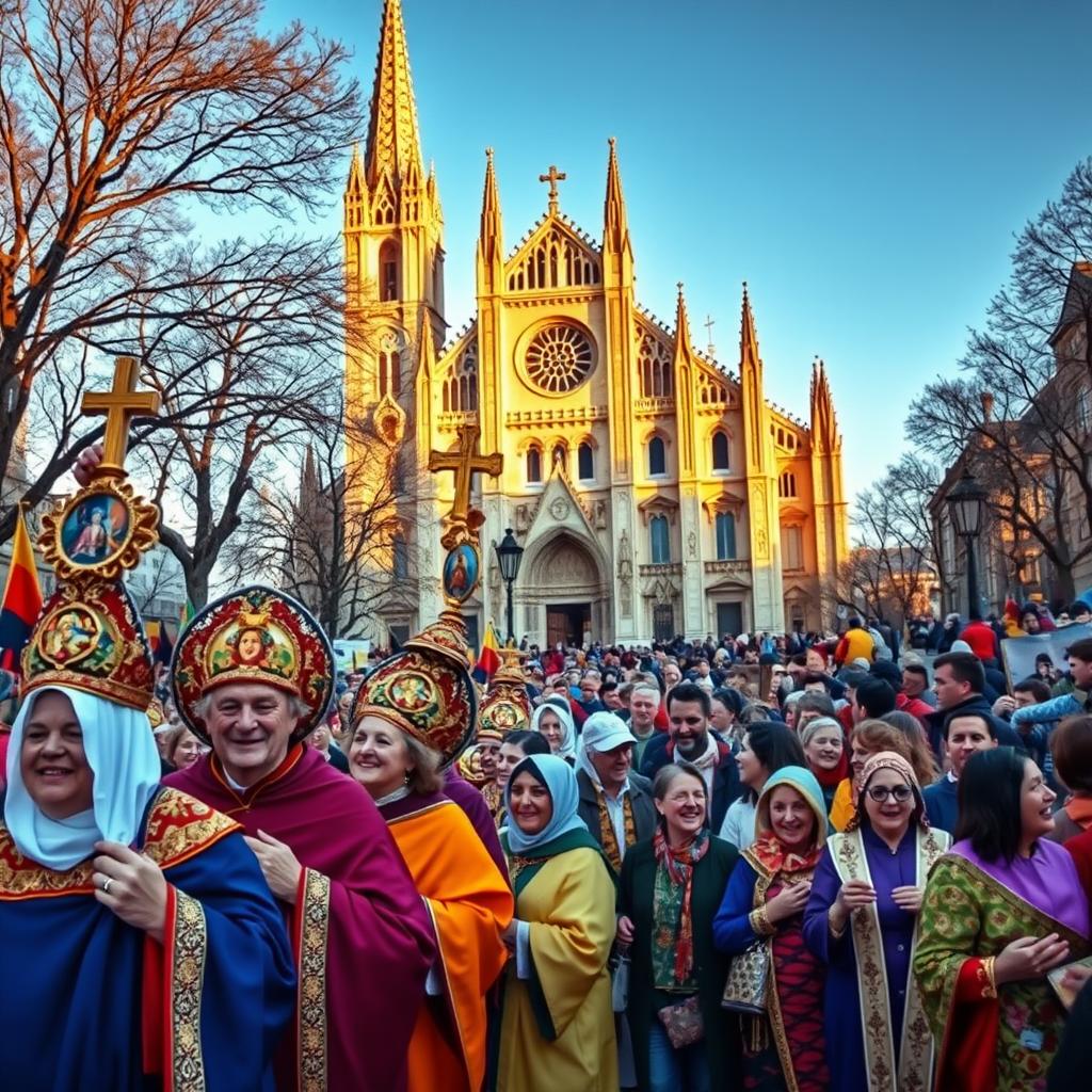 A vibrant, festive celebration of saints day unfolds, capturing the joyous spirit of the occasion. In the foreground, a procession of robed figures carries ornate religious icons and banners, their faces radiant with reverence. The middle ground bustles with a lively crowd, adorned in colorful traditional garments, engaged in lively conversation and song. In the background, a grand cathedral stands tall, its intricate architecture bathed in warm, golden light, casting a serene and sacred atmosphere over the scene. The overall composition evokes a sense of reverence, community, and the timeless traditions that define this cherished celebration of saints.