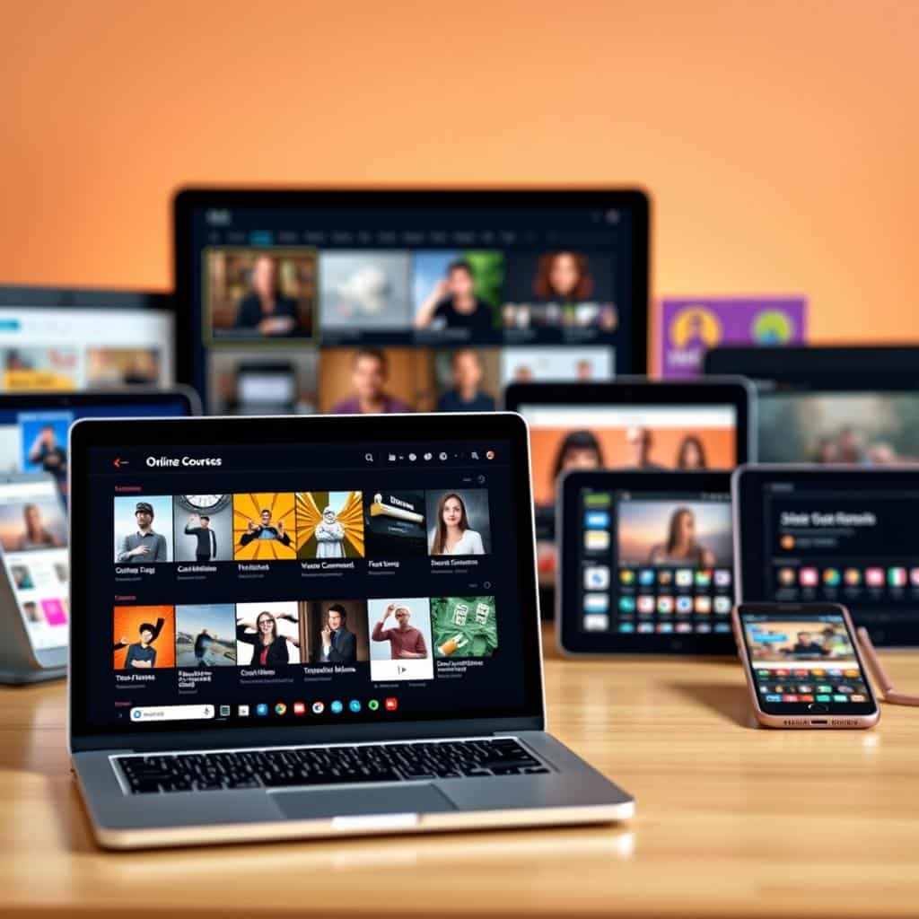 A vibrant scene of online course platforms showcasing a diverse range of digital learning opportunities. In the foreground, a sleek laptop displays a user interface with various course thumbnails, icons, and interactive elements. The middle ground features a collection of tablets and smartphones, each presenting different course subjects and formats, from video lectures to interactive modules. The background is a warm, blurred gradient, suggesting a sense of digital connectivity and knowledge-sharing. The lighting is soft and diffused, creating a welcoming and inviting atmosphere for the viewer to explore the possibilities of online education.