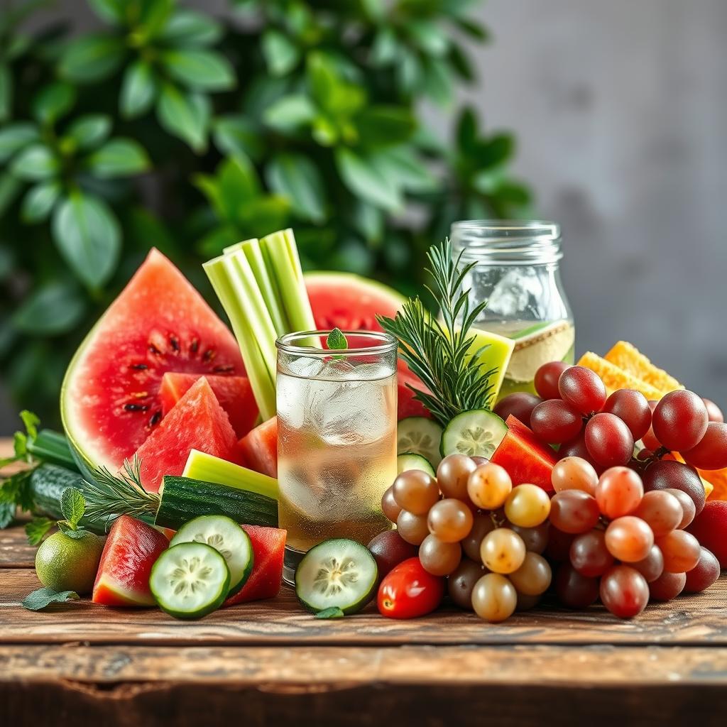 A vibrant still life showcasing an assortment of hydrating fruits and vegetables, including juicy watermelon slices, crisp cucumber spears, refreshing celery stalks, and succulent grapes. The produce is artfully arranged on a rustic wooden table, with a soft, natural lighting illuminating the scene. The colors are vibrant and the textures are inviting, creating a sense of freshness and vitality. In the background, a blurred green foliage adds a calming, natural ambiance to the composition. The overall image evokes a sense of wellness and encourages the viewer to incorporate these hydrating foods into their daily routine.