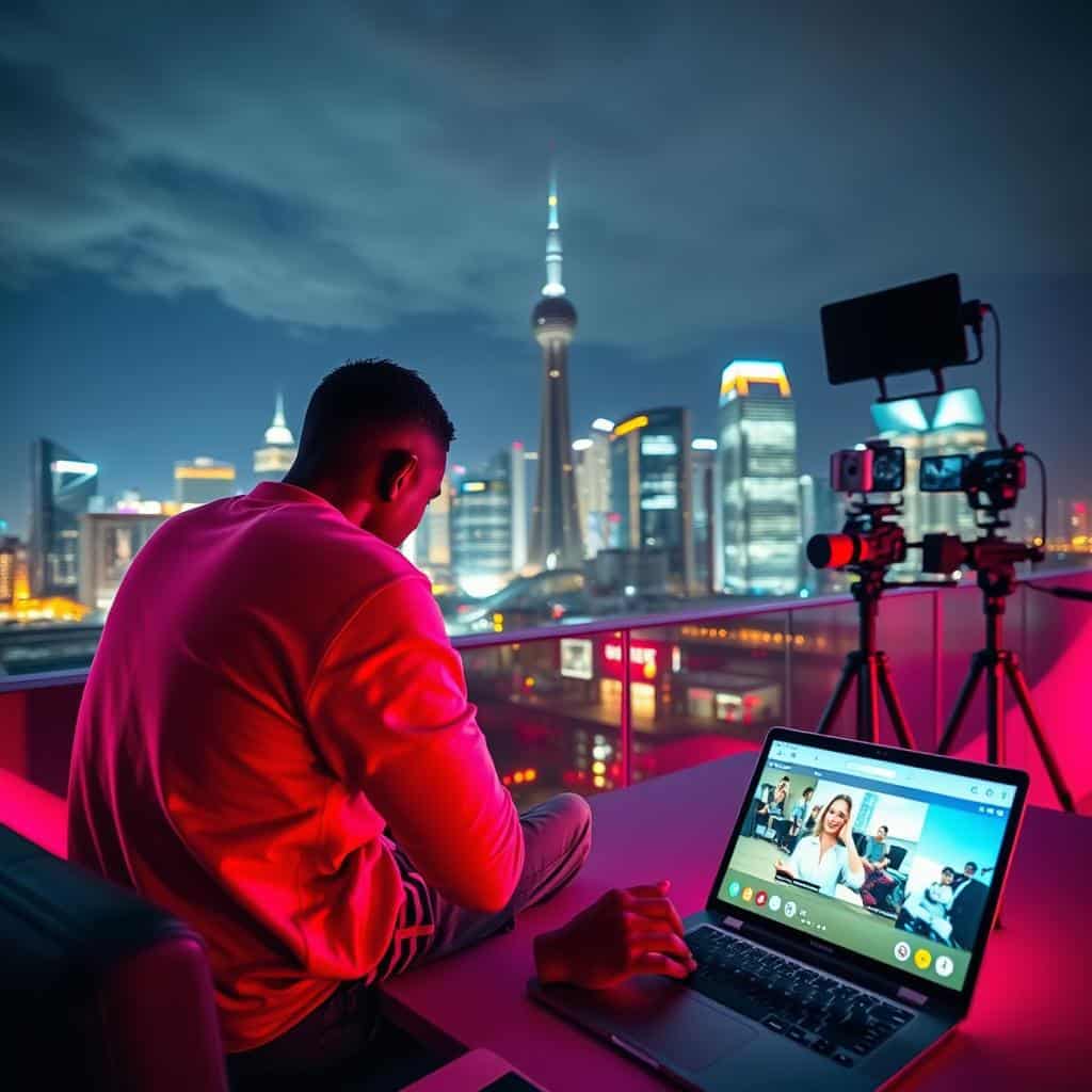 A visually striking scene of a person building influence on Instagram and Twitch. In the foreground, a figure sits focused on a laptop, its screen displaying social media platforms. Vibrant colors and dynamic lighting suggest a creative, digital atmosphere. In the middle ground, a smartphone and streaming equipment hint at the subject's online presence. The background features a cityscape with modern architecture, hinting at the global reach of digital influencers. The entire scene is captured with a cinematic, wide-angle lens, creating a sense of grandeur and ambition. The overall mood conveys the excitement and opportunity of building a successful online presence.