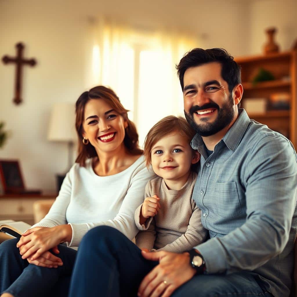 A warm and embracing family scene, bathed in soft, golden light. In the foreground, a loving couple sits together, their faces radiant with joy and contentment. Behind them, their children - a son and daughter - stand hand-in-hand, their expressions reflecting a deep sense of belonging and security. The background is gently blurred, suggesting a cozy, nurturing home environment. Subtle details, such as a family Bible on a side table or a cross on the wall, subtly convey the spiritual foundation of this blessed household. The overall atmosphere is one of peace, unity, and the profound, abiding love that flows from a life grounded in faith.