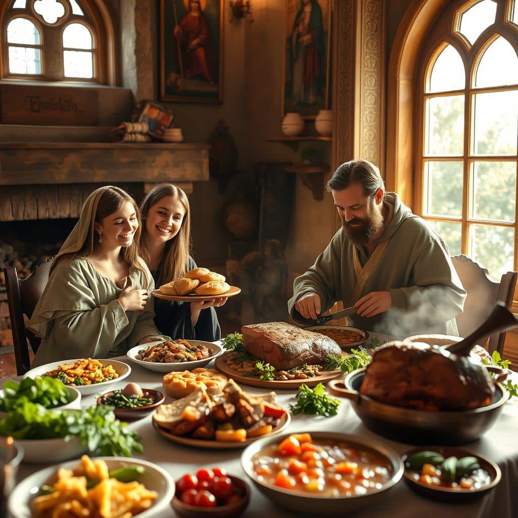 A warm and festive scene of the Holy Family gathered at a table, enjoying a bountiful feast. In the foreground, Jesus, Mary, and Joseph sit together, their faces radiant with joy and contentment. Mary holds a platter of bread, while Joseph carves a succulent roast. The table is laden with an array of sumptuous dishes - steaming vegetables, rich stews, and fragrant herbs. Soft, golden light filters in through large windows, casting a gentle glow over the scene. In the background, a crackling fireplace casts a cozy ambiance, and the walls are adorned with religious iconography and tapestries. The atmosphere is one of familial love, reverence, and celebration, capturing the essence of the Feast of the Holy Family.