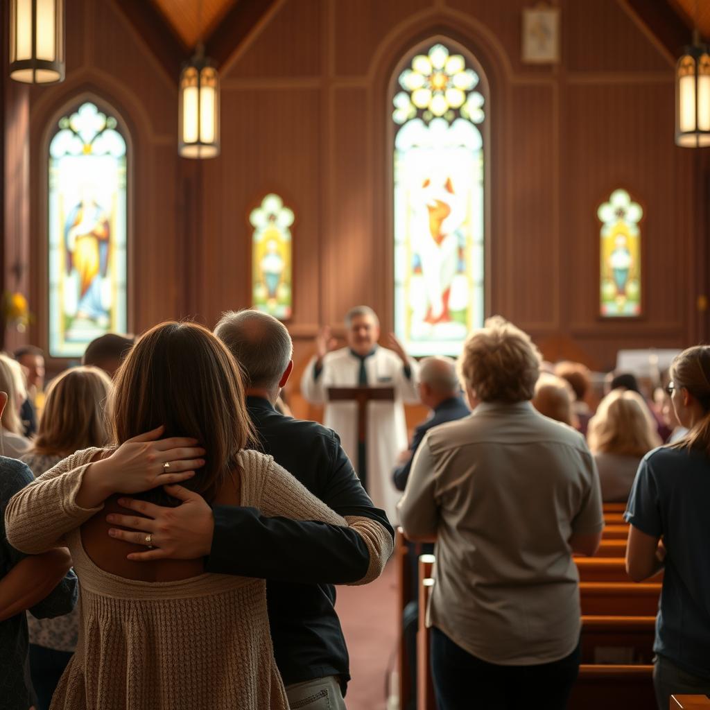 A warm and inviting church interior, bathed in soft, natural light streaming through stained glass windows. In the foreground, a group of people embracing and praying together, their faces expressing a deep sense of fellowship and community. In the middle ground, a pastor or community leader standing before the congregation, their hands raised in a gesture of guidance and support. The background is filled with rows of wooden pews, creating a sense of space and tranquility. The overall atmosphere conveys a feeling of faith, belonging, and the power of a close-knit Christian community.