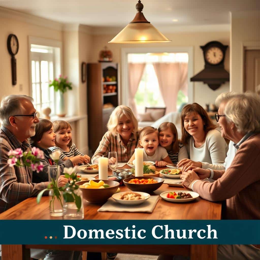 A warm, cozy family scene in an inviting domestic setting. In the foreground, a multigenerational family gathered around a wooden table, sharing a meal and engaging in lively conversation. The parents, grandparents, and children radiate a sense of togetherness, their faces alight with joy and affection. Soft, golden lighting casts a comforting glow, while the background reveals a well-appointed kitchen with homely details - a vase of fresh flowers, a clock on the wall, and a glimpse of a cozy living room beyond. The composition conveys the idea of the "domestic church," a place where faith, love, and tradition are nurtured within the intimate setting of the family home.