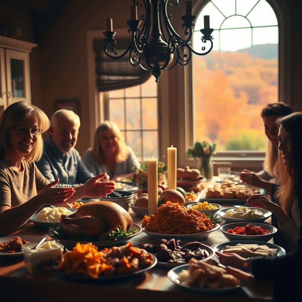 A warm, cozy kitchen scene with a family gathering around a table laden with a traditional Thanksgiving feast. In the foreground, a bountiful spread of roasted turkey, mashed potatoes, cranberry sauce, and other seasonal delights. Soft, golden lighting casts a gentle glow, highlighting the textures of the food and the joyful expressions on the faces of the loved ones sharing this moment. The middle ground features a large, ornate chandelier casting a warm, welcoming ambiance, and the background showcases a scenic window overlooking a picturesque autumn landscape, with trees in vibrant hues of red, orange, and yellow. An atmosphere of gratitude, community, and reverence pervades the scene, reflecting the Church's living response of thanksgiving.