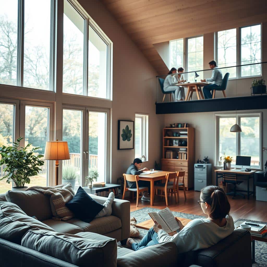 A warm, cozy living room with natural light filtering through large windows, showcasing various ways to live daily life. In the foreground, a person relaxing on a comfortable sofa, reading a book. In the middle ground, a family gathered around a wooden table, sharing a simple meal. In the background, a small home office area with a desk and chair, suggesting productive work. The overall atmosphere is one of tranquility and mindful living, with attention to the small, meaningful moments that make up daily existence.