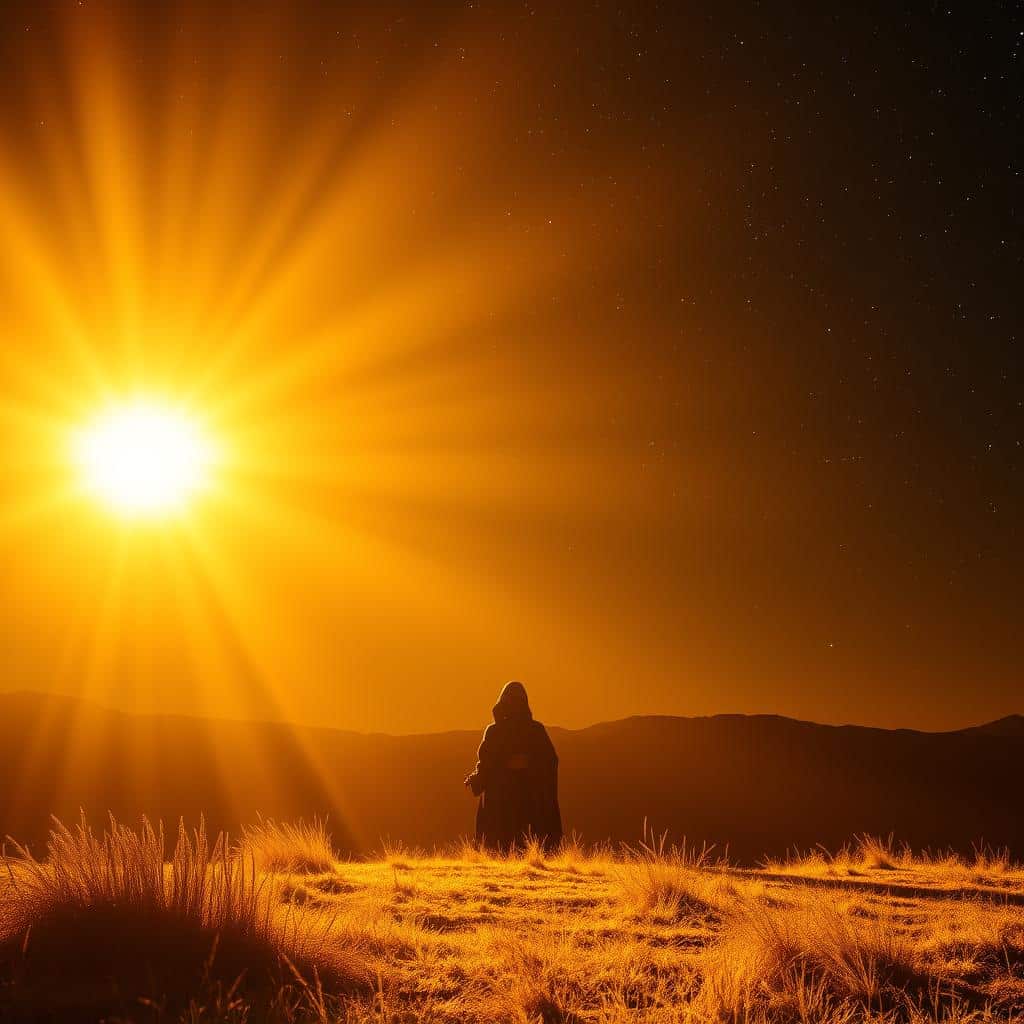 A warm, ethereal glow illuminates the scene, casting a divine light across the landscape. In the foreground, a radiant burst of luminescence emanates from an unseen celestial source, its rays streaking through the air and dispersing into a soft, diffuse halo. The middle ground features a serene, shadowed silhouette of a biblical figure, their features barely discernible, yet imbued with a sense of reverence and enlightenment. In the distant background, a starry night sky sparkles with the ancient celestial bodies that have guided generations of the faithful. The overall atmosphere is one of mysticism, wonder, and the manifestation of a higher power, evoking the spiritual themes of the biblical readings.