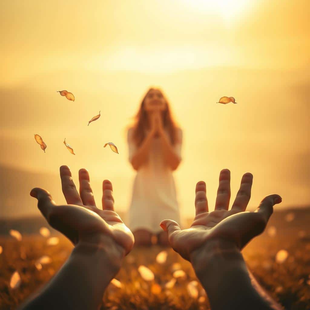 A warm, ethereal scene bathed in soft, golden light. In the foreground, a pair of outstretched hands, palms facing upwards, conveying a sense of reverence and openness. The hands are surrounded by delicate, translucent petals that seem to float and dance, symbolizing the beauty and fragility of gratitude. In the middle ground, a serene, contemplative figure kneels, their face uplifted, eyes closed, and expression radiating a profound sense of thankfulness. The background is a hazy, dreamlike landscape, with subtle hints of rolling hills and a distant, glowing horizon, suggesting the expansive, transcendent nature of gratitude. The overall mood is one of reverence, wonder, and a deep, abiding appreciation for the blessings of life.
