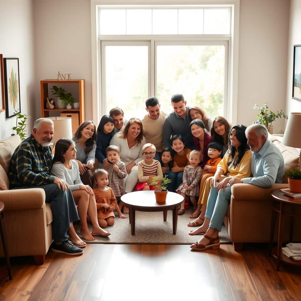 A warm, inviting family gathering in a cozy living room. In the foreground, a diverse group of parents and children sit or stand together, their faces filled with joy and affection as they interact. The middle ground features a comfortable sofa, armchair, and side tables, with a few potted plants and framed artwork adding a sense of homeliness. The background depicts a large window bathed in soft, natural light, offering a glimpse of a tranquil, verdant outdoor scene. The overall atmosphere conveys a sense of togetherness, love, and the Gospel-inspired values of family life.