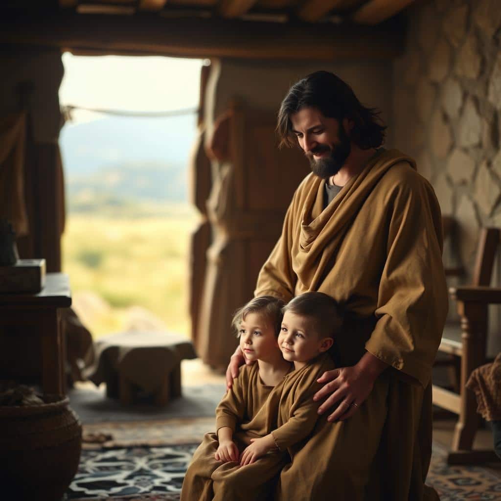 A warm, inviting scene of a traditional biblical family in the style of a Renaissance painting. In the foreground, a loving mother and father stand together, their faces full of tenderness as they gaze at their young child. The child, dressed in simple robes, sits at their feet, a serene expression on their face. Soft, diffused lighting illuminates the figures, creating a sense of timelessness and reverence. In the middle ground, a simple, rustic interior with wooden furnishings and textiles suggests a modest, humble dwelling. The background fades into a softly blurred landscape, hinting at the larger world beyond this intimate family scene. The overall atmosphere evokes a sense of faith, devotion, and the sacred bonds of the Holy Family.