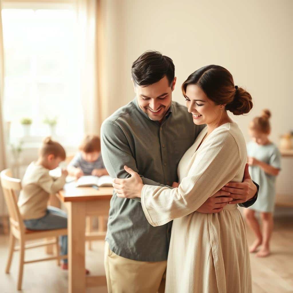 A warm, serene family scene set in a softly-lit, cozy interior. In the foreground, a mother and father embrace, their expressions radiating love and patience. Behind them, their children gather around a table, engaged in harmonious activities - a young boy studying scripture, a girl helping with chores, and a toddler playing with a simple toy. The background features gentle, muted colors, evoking a sense of tranquility and harmony. Soft natural light filters in, casting a gentle glow over the scene. The overall atmosphere conveys the virtues of a faithful, loving family as described in the Epistle to the Colossians.