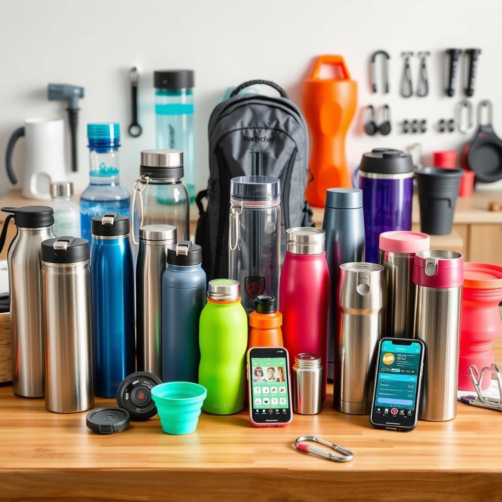 A well-lit and detailed tabletop scene showcasing a variety of hydration tools and accessories. In the foreground, an array of reusable water bottles in different shapes, sizes, and materials, such as stainless steel, glass, and BPA-free plastic. In the middle ground, a collection of sports hydration packs, water filtration pitchers, and insulated tumblers. In the background, a mix of hydration-related accessories like collapsible silicone cups, carabiners, and hydration tracking apps displayed on a smartphone. The overall scene exudes a clean, modern, and health-conscious atmosphere, highlighting the diverse range of practical and stylish hydration tools available.