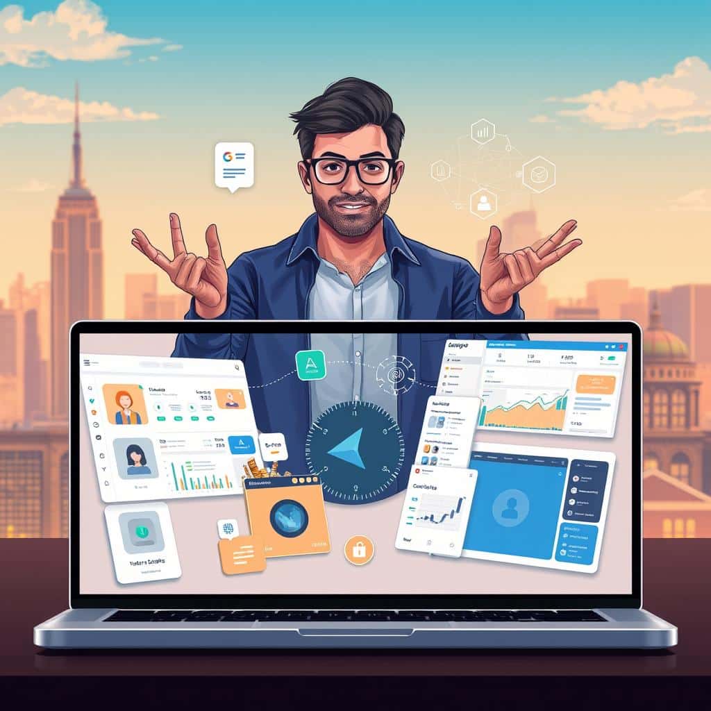 A well-lit, detailed digital illustration showcasing a diverse selection of AI tools to enhance productivity and earnings. In the foreground, a laptop displays various AI-powered apps and software - a virtual assistant, a data analytics dashboard, and a content creation platform. In the middle ground, a person gestures towards these tools, their expression one of focused engagement. The background features a cityscape, symbolizing the potential for these AI technologies to unlock new income streams and professional opportunities. The overall mood is one of innovation, empowerment, and a glimpse into the future of AI-augmented earning potential.