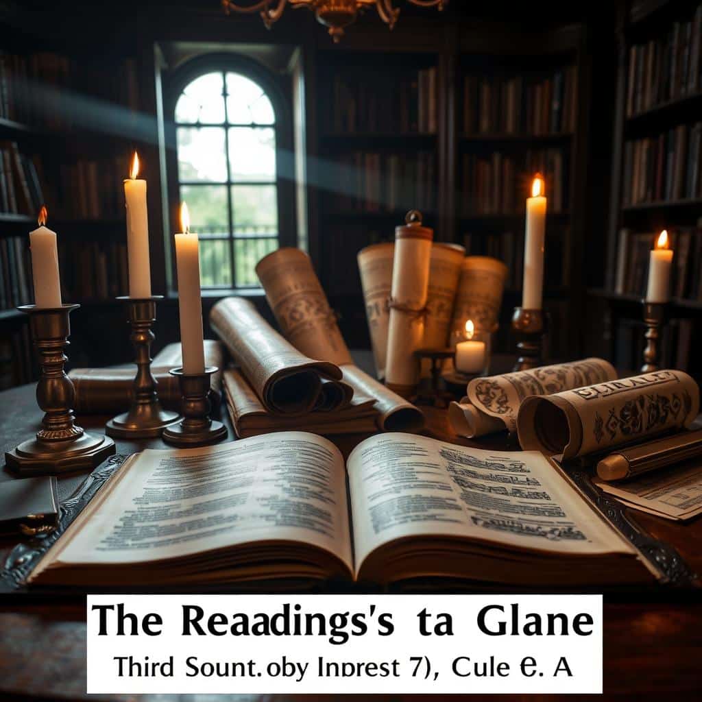 A well-lit, detailed table showcasing a collection of ancient religious texts, scrolls, and manuscripts. The foreground features the open pages of a leather-bound Bible, with the soft glow of candles illuminating the text. In the middle ground, a selection of antique parchment rolls, some unfurled to reveal ornate calligraphy and intricate illustrations. The background is a dimly lit study, with bookshelves lining the walls, creating a sense of reverence and scholarly inquiry. The overall atmosphere is one of contemplation and historical significance, perfectly suited to illustrate "The Readings at a Glance" for the Third Sunday of Advent, Cycle A.
