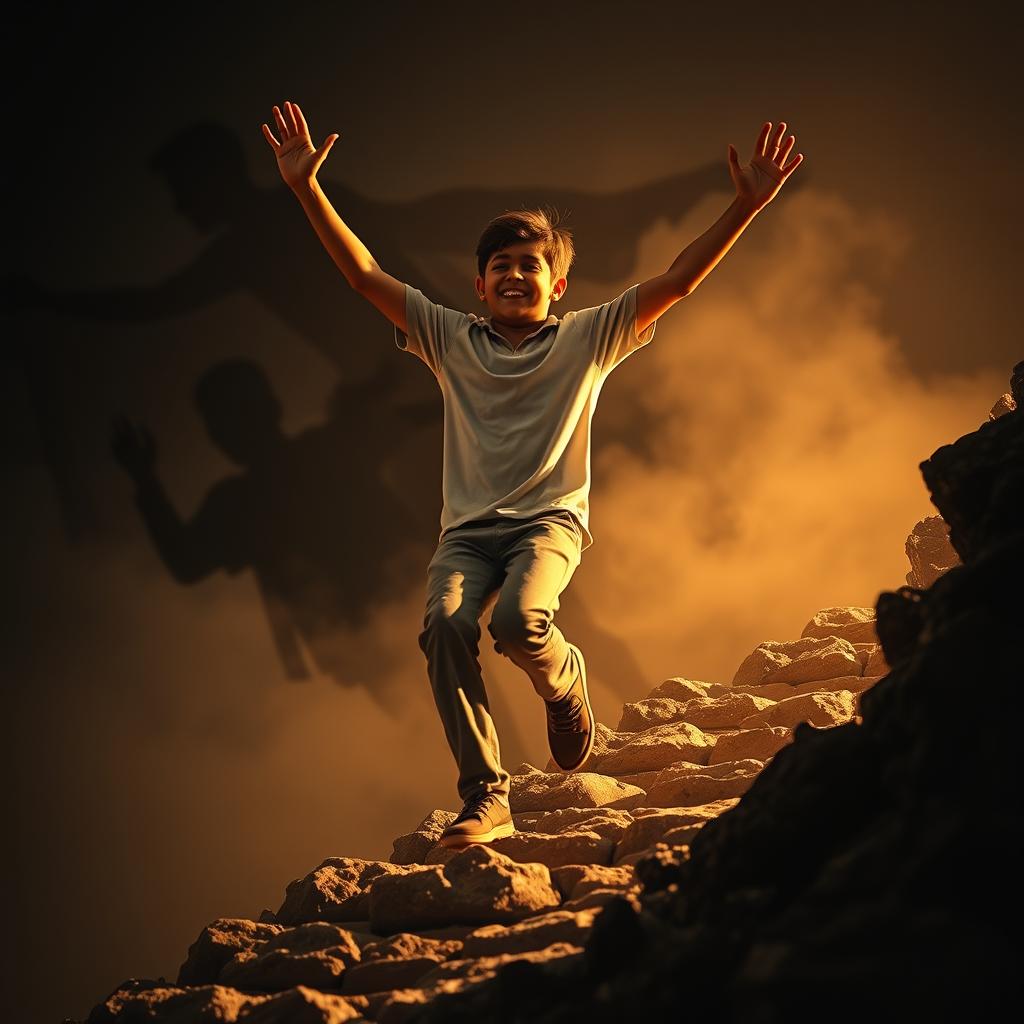 A young person breaking free from the shackles of a generational curse, their body language radiating a sense of liberation and newfound hope. The foreground depicts the individual, mid-stride, their arms raised triumphantly as they ascend a steep, rocky path, symbolizing the arduous journey of overcoming inherited burdens. The middle ground features a dimly lit, foreboding background with shadowy figures representing the oppressive forces of the curse, now being left behind. Dramatic lighting casts a warm, golden glow on the protagonist, illuminating their face with a determined expression, while the surrounding landscape is shrouded in a somber, ethereal mist, conveying the profound personal transformation taking place. The overall mood is one of resilience, spiritual awakening, and a reclamation of personal agency in the face of generational adversity.