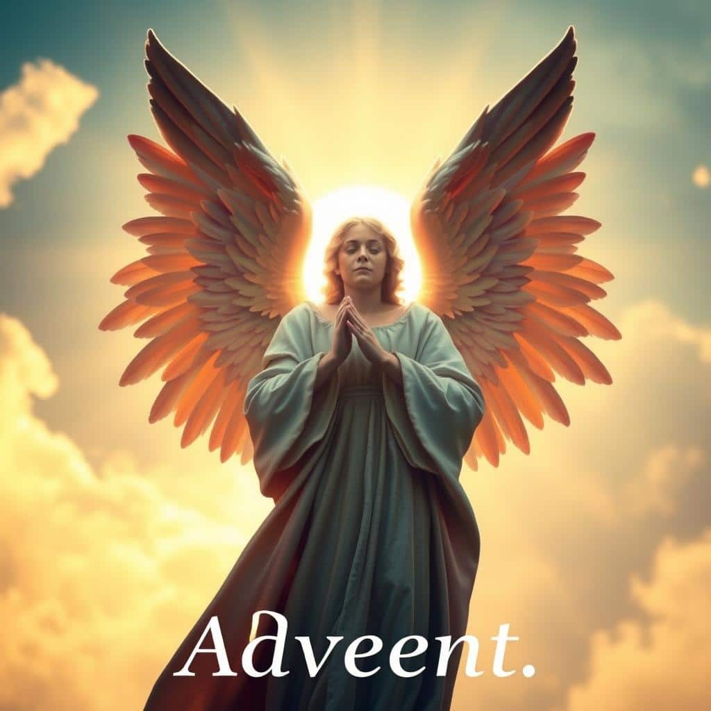 An angel of the Lord stands in a serene, warm light, wings outstretched in a posture of benediction. Their countenance is serene and benevolent, radiating a sense of profound peace. The angel is positioned in the foreground, with a soft, diffused background of clouds and a gentle celestial glow. The overall atmosphere conveys a profound sense of tranquility, comfort, and divine presence, befitting the Advent season and the angel's message of peace.