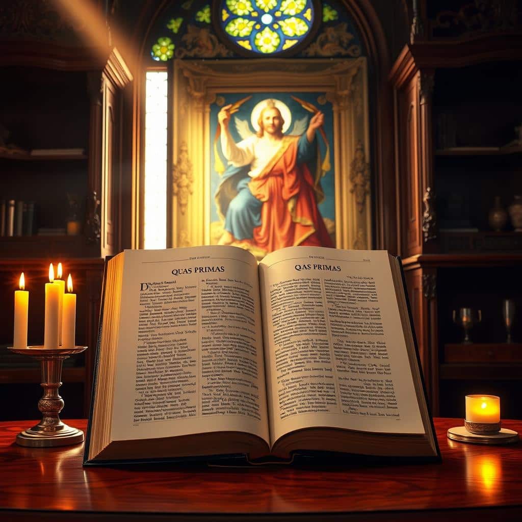 An elegant papal encyclical, Quas Primas, stands proud on an ornate mahogany desk, illuminated by warm candlelight and a shaft of golden sunlight streaming through a stained glass window. The pages are reverently turned, revealing the authoritative text detailing the Solemnity of Christ the King. In the background, a tapestry depicting Christ's coronation hangs, complementing the solemn yet regal atmosphere. The composition is framed by intricately carved wooden shelves, evoking the grandeur of a historic ecclesiastical study. The overall scene conveys the profound significance and timeless legacy of this influential Church document.
