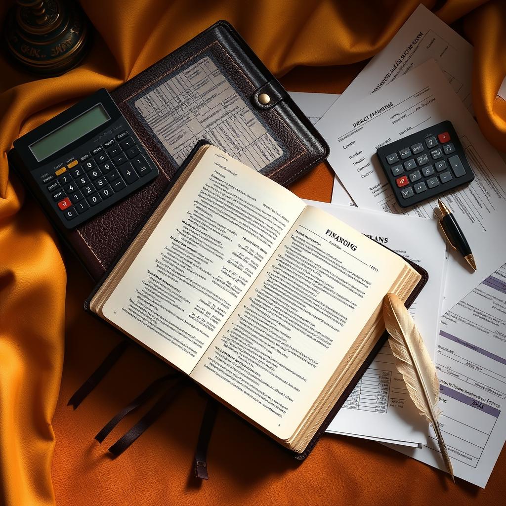 An elegantly arranged still life depicting biblical financial planning. A well-worn leather-bound Bible lies open, its pages revealing intricate scripture. Surrounding it, a collection of meticulously organized financial documents, a calculator, and a contemplative quill pen. Soft, warm lighting casts a golden glow, creating an atmosphere of thoughtful deliberation. The overall composition conveys a sense of wisdom, discipline, and the harmonious integration of faith and finance.