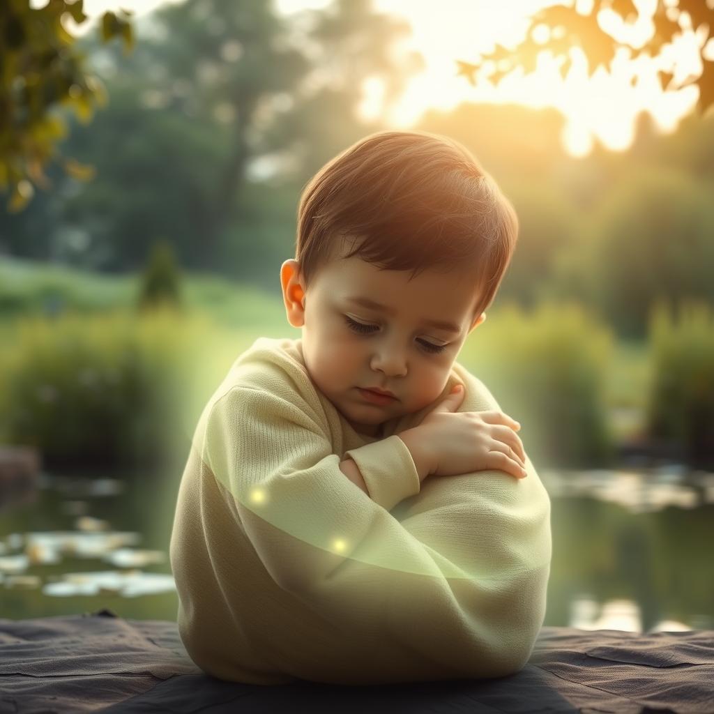 An intimate, softly-lit scene of a young child, curled up and protected by a shimmering force field. The force field's glow emanates a soothing, low-frequency energy, enveloping the child in a cocoon of safety. The background is a tranquil, natural setting - lush greenery, a serene pond, and a warm, diffused skylight. The child's expression is one of calm and comfort, conveying a sense of security and well-being. The composition is balanced, with the child centered and the force field's radiance drawing the eye. This image evokes the idea of low-frequency protection shielding a vulnerable individual from unseen dangers.