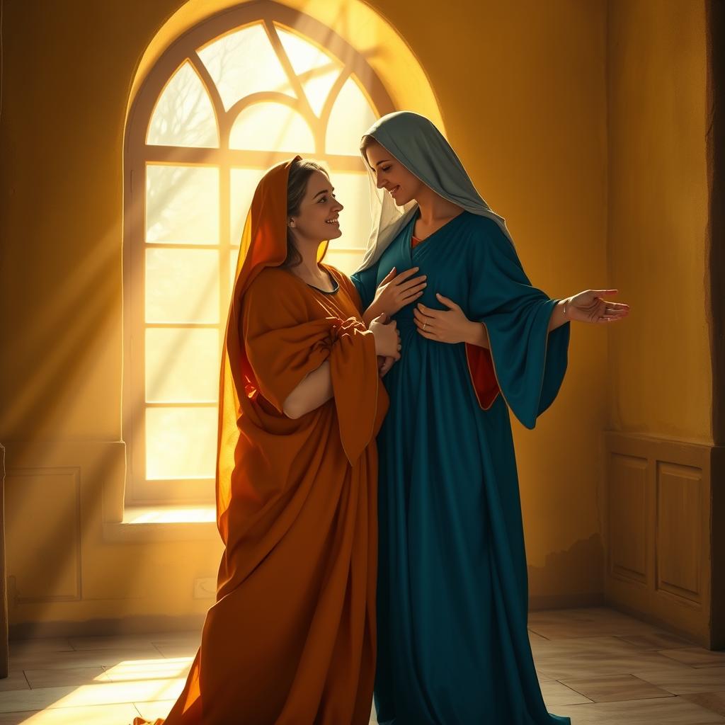 An intimate, tranquil scene of the Visitation: Mary, in a flowing blue robe, stands with arms outstretched, greeting her cousin Elizabeth, dressed in a warm, ochre gown. They embrace tenderly, their faces radiant with joy and reverence, as the unborn Christ child and John the Baptist stir within their wombs. Gentle rays of golden light filter through an arched window, casting a soft, reverential glow upon the sacred moment. The serene, timeless atmosphere evokes a profound sense of the divine mystery unfolding. The composition is balanced and harmonious, capturing the beauty and significance of this pivotal event in the life of the Blessed Virgin Mary.