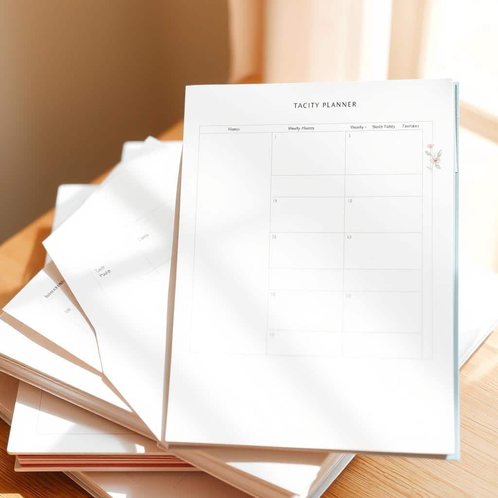 Beautifully designed printable planners in a minimalist, modern style. Crisp white pages with clean lines, delicate floral accents, and a subdued color palette of soft grays, blues, and pinks. A well-organized layout with ample space for daily schedules, weekly plans, and monthly overviews. The planners are neatly stacked, their covers featuring elegant typography and subtle geometric patterns. A warm, natural lighting casts a gentle glow, highlighting the high-quality paper and premium materials. The planners exude a sense of tranquility and productivity, inviting the viewer to dive into the world of effortless organization and goal-setting.