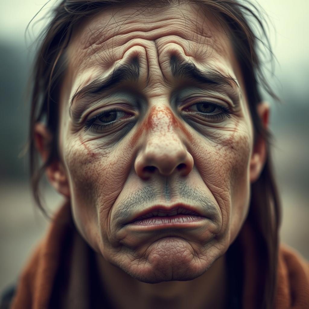 Dehydration symptoms: a desaturated, parched face with cracked lips, sunken eyes, and dry, dull skin. A middle-ground close-up, softly lit from above, captures the weary, listless expression of a person struggling with the effects of inadequate hydration. The background is blurred, hazy, emphasizing the subject's discomfort and disorientation. A subtle, warm color palette evokes the sensation of thirst and fatigue. Photorealistic in style, the image conveys the tangible, physical manifestations of dehydration in a relatable, empathetic manner.