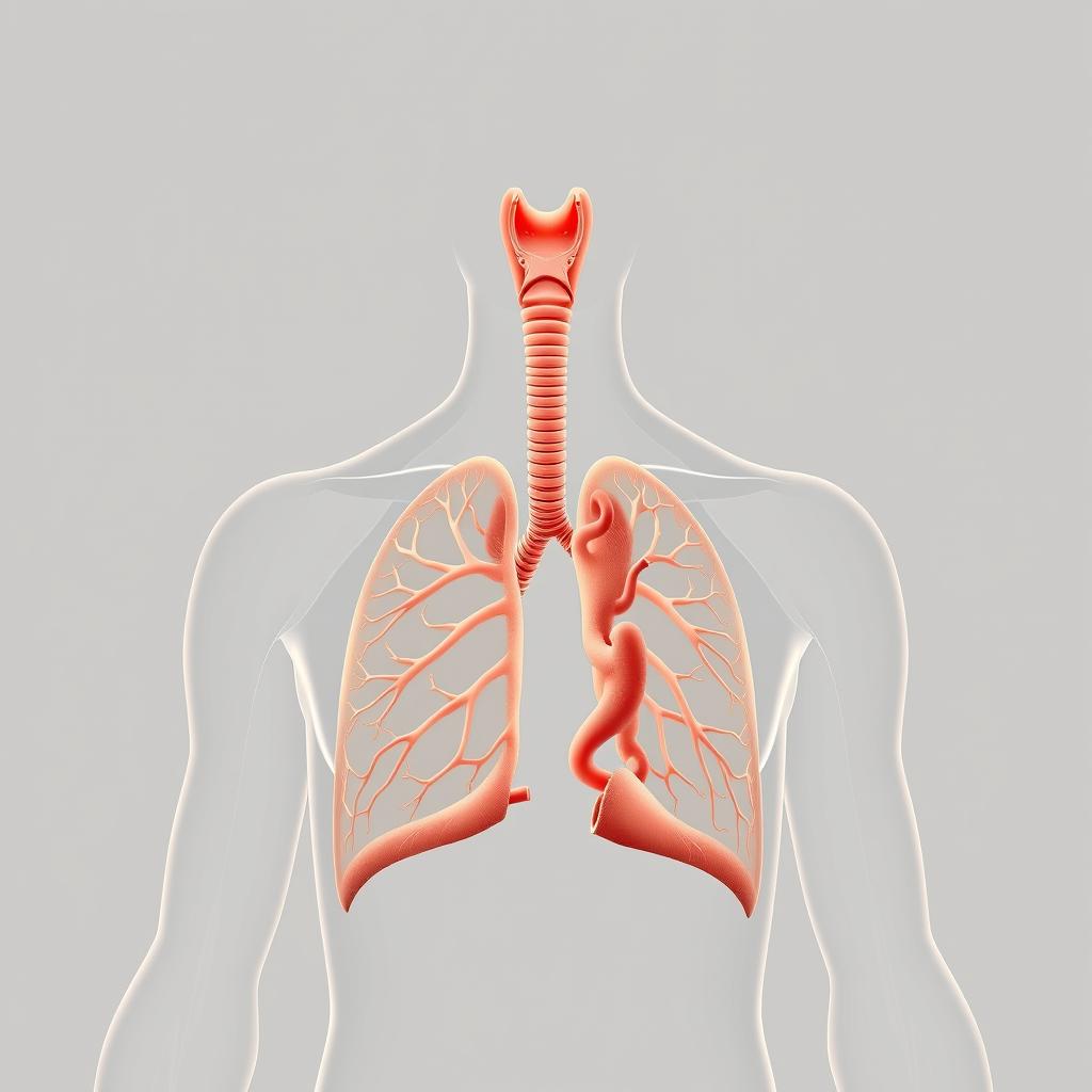 Detailed anatomical illustration of the human respiratory system, rendered in a clean, medical aesthetic. Crisp, high-resolution depiction showcasing the trachea, bronchi, alveoli, and associated structures. Subtle warm lighting from an overhead angle, with a neutral gray background to emphasize the physiological components. The composition should provide a clear, labeled view of the key elements involved in the inhalation and exhalation of air, conveying a sense of elegant functionality.