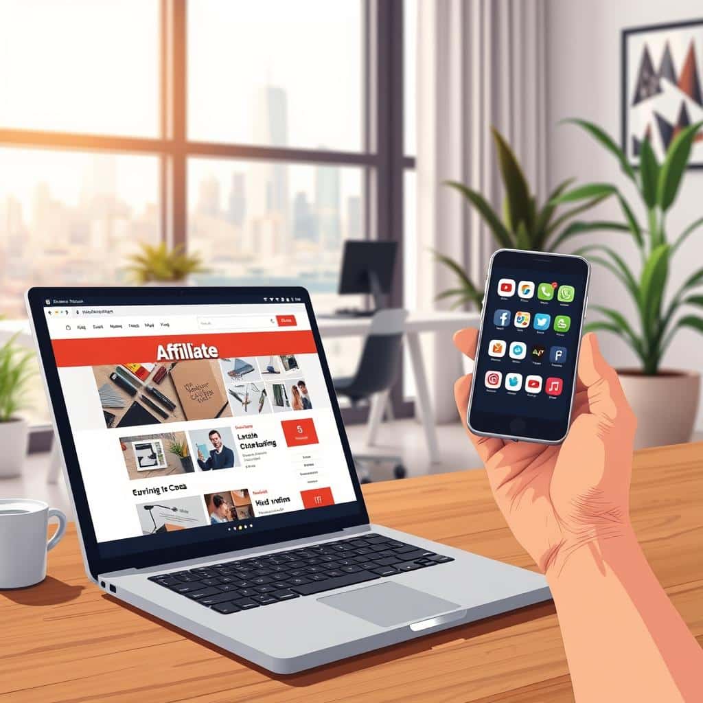 Detailed, high-quality digital illustration of affiliate marketing. In the foreground, a stylized laptop displays a website with clickable affiliate product links. In the middle ground, a person's hand holds a smartphone, with various social media app icons visible. In the background, a modern home office setting with a minimalist desk, plants, and a large window overlooking a city skyline. The lighting is warm and natural, with a soft focus effect. The overall mood is one of productivity, technology, and the potential for earning income through online channels.