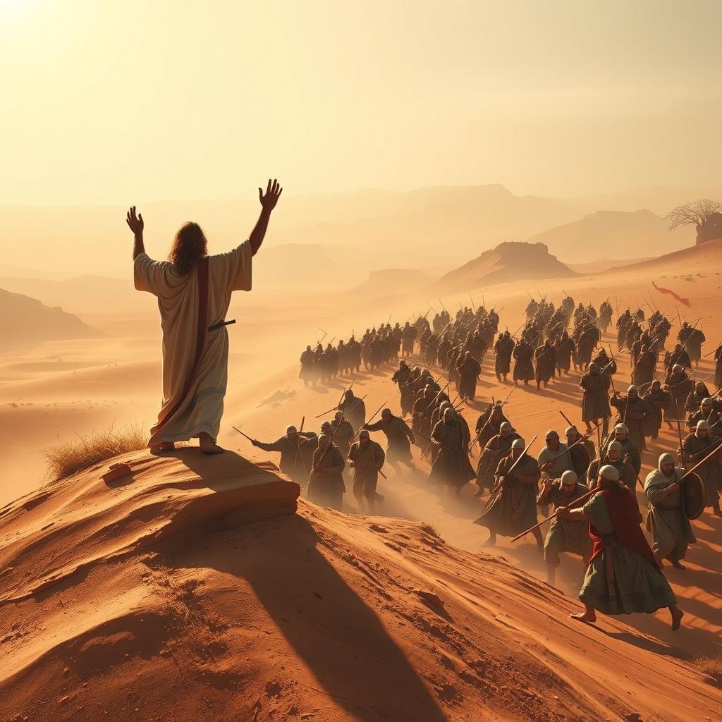 Exodus 17:8-13 theological insights: A desert landscape, sun-bleached and vast, where a dramatic battle unfolds. In the foreground, Moses stands atop a hill, his arms raised, hands gripping a staff as if channeling divine power. Around him, Joshua and the Israelites engage in fierce combat with the Amalekites, their weapons clashing under a bright, hazy sky. In the middle ground, the Israelite army surges forward, their faith and determination palpable. In the background, a rugged, windswept terrain stretches out, hinting at the harsh conditions and the Israelites' perseverance. Soft, warm lighting illuminates the scene, imbuing it with a sense of gravity and spiritual significance. The composition conveys the pivotal nature of this biblical event, inviting the viewer to contemplate its theological implications.