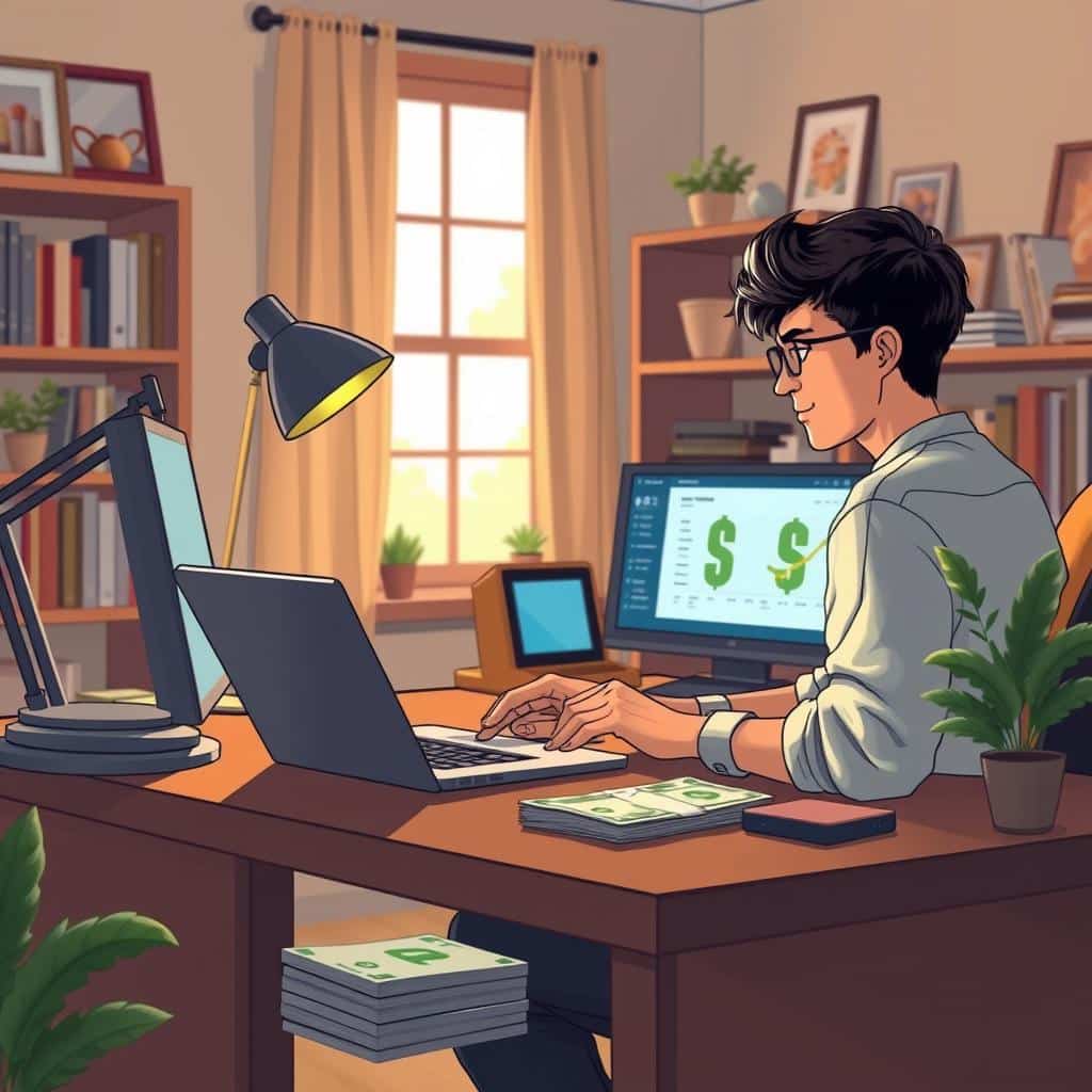 High-resolution detailed digital illustration of a person sitting at a desk in a home office, working on a laptop computer and earning money online. The scene has a cozy, productive atmosphere, with warm lighting from a desk lamp and a window in the background. The person is focused on the screen, with a stack of money and various digital devices on the desk. The background includes shelves with books and decor, conveying a sense of a comfortable, well-appointed workspace. The overall mood is one of financial success and productivity through online work.