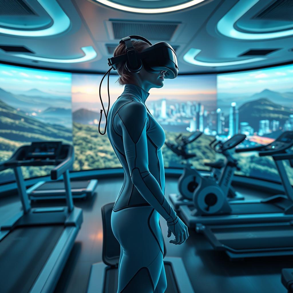Immersive virtual reality fitness studio, filled with gleaming futuristic equipment and glowing holographic displays. Sleek, streamlined treadmills and exercise bikes surrounded by a vast, expansive virtual landscape - rolling hills, lush forests, and towering cityscapes. Ambient lighting casts a cool, futuristic glow, complemented by the soft hum of machinery. In the foreground, a person clad in a high-tech VR headset and bodysuit, seamlessly interacting with the virtual environment, their movements mirrored in the digital world. The scene conveys a sense of technological wonder, blending physical and digital realms to create a captivating, immersive fitness experience.