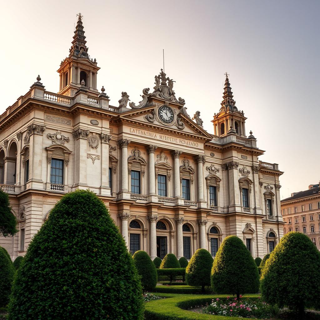 Lateran Palace, the historic seat of the Bishop of Rome, stands majestically against the Roman skyline. Ornate baroque architecture frames the grand facade, with intricate carvings and towering columns supporting the ornamental roofline. Warm golden light filters through towering arched windows, casting a soft glow across the weathered stone. In the foreground, a lush garden with manicured hedges and blooming flowers creates a serene, contemplative atmosphere. The image conveys the palace's enduring legacy as a symbol of faith and power, while highlighting its architectural elegance and timeless grandeur.