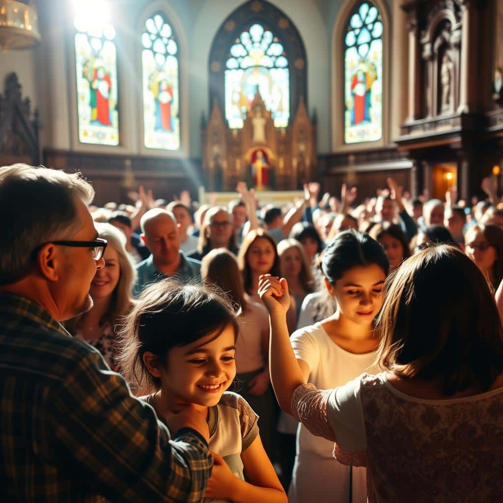 Liturgy community: a vibrant gathering of faithful, worshiping together in a sunlit sanctuary. In the foreground, a family embraces, their faces alight with joy. The middle ground features a diverse congregation, hands raised in praise, their expressions reverent. In the background, stained glass windows cast a warm, ethereal glow, illuminating the intricately carved wooden pews and ornate altar. The lighting is soft and diffused, creating a contemplative atmosphere. The camera angle is from a slight elevated perspective, capturing the sense of community and shared spiritual experience. The overall mood is one of unity, devotion, and a deep connection to the divine.