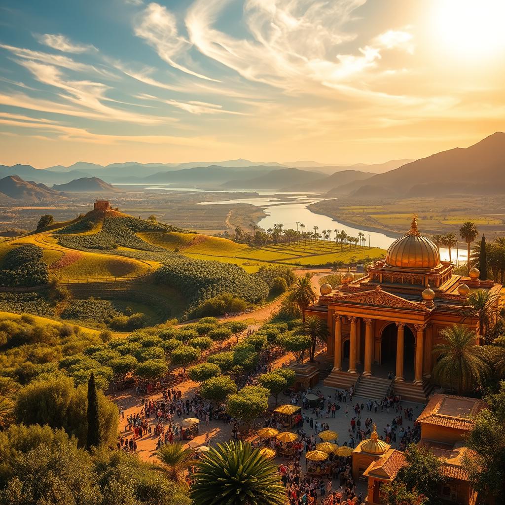 Lush, verdant landscape bathed in warm, golden light. In the foreground, a grand, ornate temple with intricate carvings and gleaming domes stands majestically, symbolizing divine wealth and splendor. Surrounding it, rolling hills dotted with olive groves, vineyards, and thriving orchards, signifying abundant provision. In the middle ground, a bustling marketplace teeming with merchants, shoppers, and artisans, their wares and transactions reflecting the prosperity of the community. In the distance, a shimmering river flows peacefully, its banks lined with stately, towering palms. The sky above is clear and serene, with wispy clouds reflecting the tranquility and harmony of this biblical scene of abundance and divine blessing.