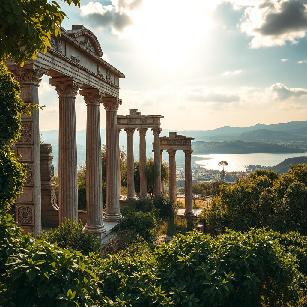 Majestic ancient ruins stand tall against a vibrant sky, their weathered stones and crumbling columns a testament to the passage of time. Sunlight filters through lush, overgrown foliage, casting warm, golden hues across the scene. In the foreground, intricate carvings and ornate architectural details invite exploration, while the middle ground reveals the grandeur of the structures, their scale and complexity captivating the viewer. In the distance, rolling hills and a serene, glistening lake create a breathtaking backdrop, evoking a sense of timeless wonder and historical significance.