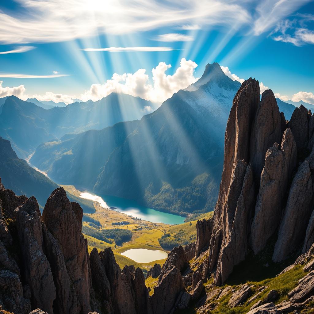 Majestic mountain peaks reaching towards a vibrant, azure sky. Rugged, snow-capped summits basking in the warm glow of golden hour. Lush, verdant valleys dotted with pristine alpine lakes, their still waters reflecting the grandeur of the surrounding cliffs. Shafts of ethereal light pierce through wispy clouds, casting a magical, mystical ambiance across the entire landscape. Dramatic, craggy rock formations jut out from the earth, sculpted by the relentless forces of nature over eons. This is a scene of raw, untamed beauty - a landscape that inspires awe, wonder, and a profound connection to the natural world.