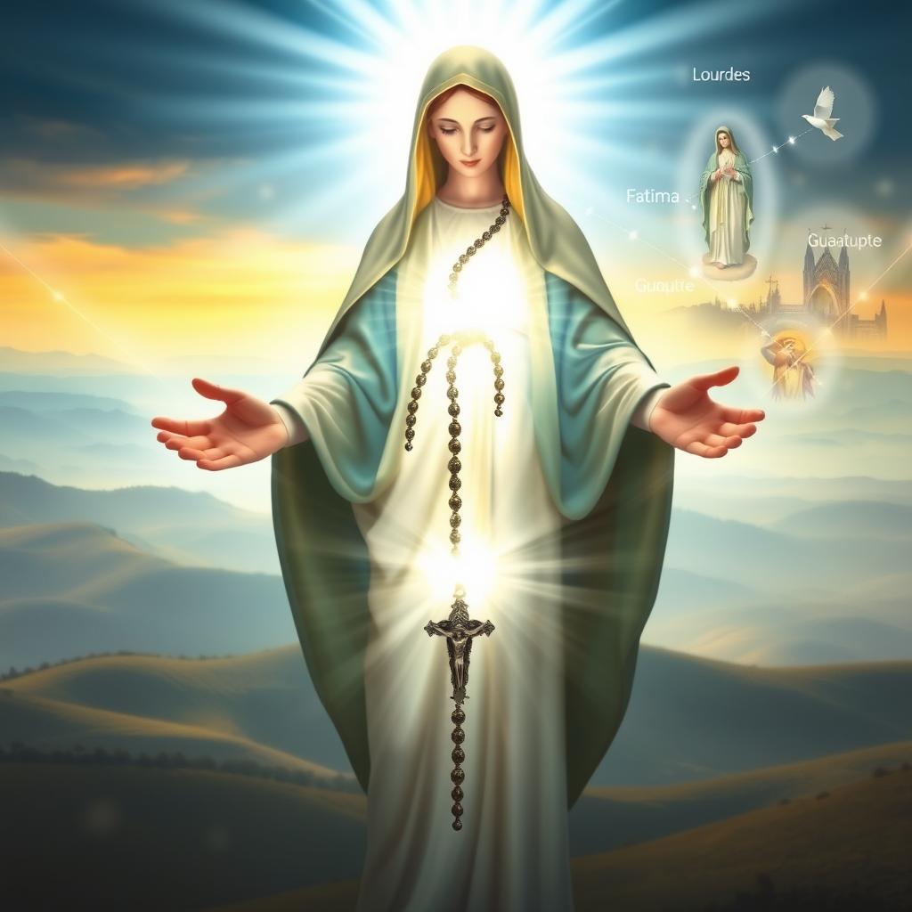 Marian Apparitions and the Rosary: A celestial vision of the Virgin Mary surrounded by radiant light, holding a luminous rosary in her outstretched hands. In the foreground, the rosary beads seem to glimmer and pulse with an otherworldly energy. The middle ground features a serene, atmospheric landscape with rolling hills and a distant horizon. In the background, glimpses of apparition sites like Lourdes, Fatima, and Guadalupe appear as ethereal visions, connected by shimmering trails of light. The scene evokes a sense of divine presence, spiritual contemplation, and the power of Marian devotion through the rosary.