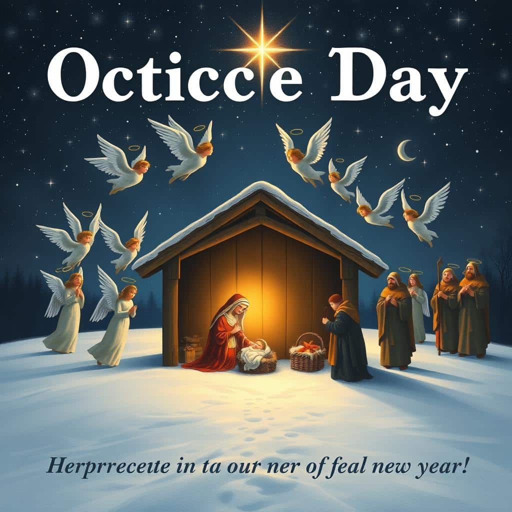 Octave Day Nativity: A serene winter landscape, with a dimly lit stable in the foreground. The Holy Family - Mary, Joseph, and the newborn Jesus - reside within, bathed in a warm, heavenly glow. Surrounding them, a chorus of angels in graceful poses, their wings outstretched in adoration. In the middle ground, shepherds and wise men arrive, bearing gifts for the Christ child. The background features a star-filled night sky, lending a sense of wonder and mystery to the scene. The composition evokes a mood of reverence, peace, and the joyous beginning of a new year in the presence of the Savior.